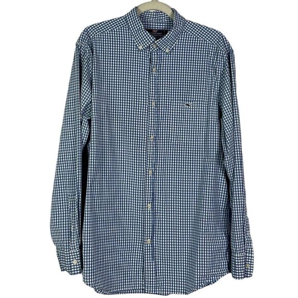 Vineyard Vines Classic Fit Tucker Shirt Long Sleeve Blue Gingham Cotton/Spandex - Picture 1 of 11